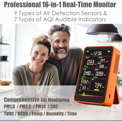 16-in-1 Indoor Air Quality Monitor, High-Precision Multi-Parameter Smart Air Quality Tester with HD Real-Time Color Screen, Portable Air Quality Monitor for Home, Office (Terracotta Orange)