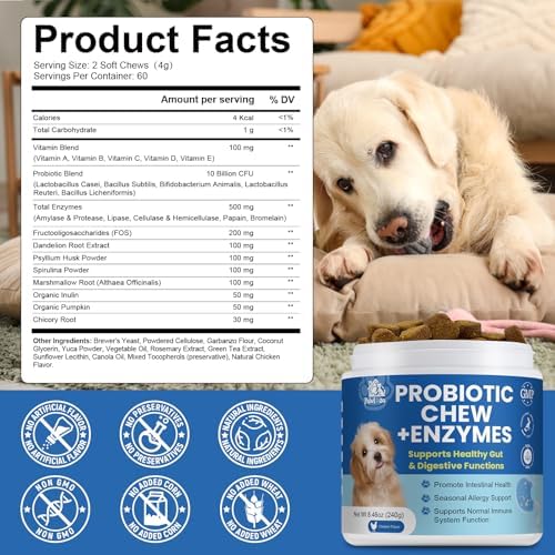 Probiotics Dog Allery Chews for Dogs, Improve Itchy Skin Itchy Ears, Yeast Balance, Gut Health, Probiotics (10 Billion CFU) for Dog Immune Health & Allergy Relief Chews + Vitamins Blend 60 Counts