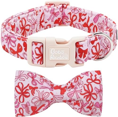 Dog Collars, Pink Bow Print Cotton Collar Adjustable Light Plastic Buckle Collar with Bow Pet Collar Gift for Small Dogs