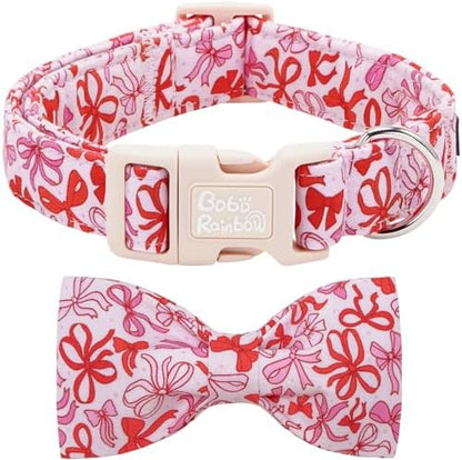 Dog Collars, Pink Bow Print Cotton Collar Adjustable Light Plastic Buckle Collar with Bow Pet Collar Gift for Medium Dogs