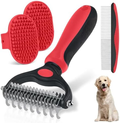 Pet Grooming Rake for Dogs and Cats - 4-in-1 Deshedding Dematting Kit with Double-Sided Undercoat Rake and Metal Comb for Long & Short Haired Pets, Reduces Shedding 95%