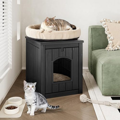 Cat Litter Box Enclosure, Hidden Litter Box with Openable Front Door, Outdoor Cat House Weatherproof, Side Table, Easy to Clean and Assembly, Dark Black