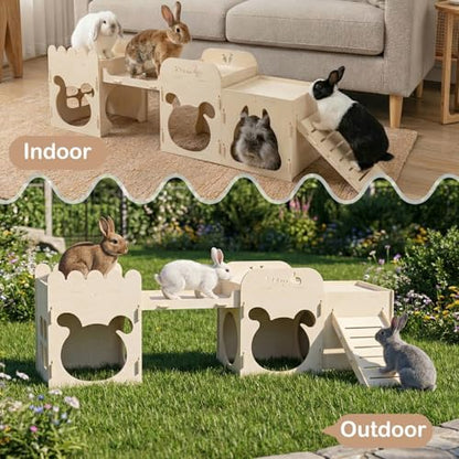 Extra Large Rabbit Castle, Wooden Bunny House & Training Bridge, Detachable Rabbit Hideaway, Indoor Hamster Castle with Ramp, Small Animal Houses & Habitats for Guinea Pig Chinchilla Ferret(2+1 House)
