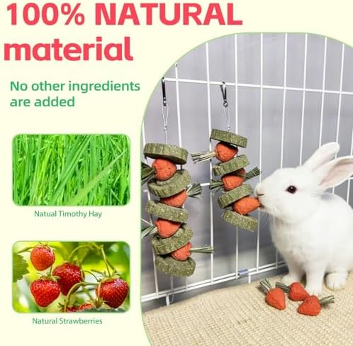 Bunny Chew Toys Guinea Pig Chew Toys for Teeth Grinding Rabbit Treats Natural Timothy Grass Cake Strawberries for Guinea Pigs Chinchillas Bunny Hamster (2 Pcs)