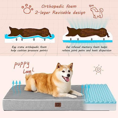 EHEYCIGA Large Washable Dog Crate Bed with Memory Foam, 35x23Inch, Grey