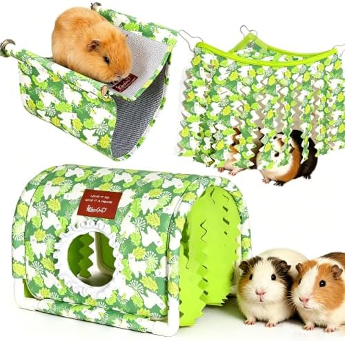 Guinea Pig Hideout Tunnel - Stable Washable Small Animal Tunnel Hide with Curtains,Guinea Pig Accessories for Hamster/Chinchilla/Dwarf Rabbit/Ferret (GreenAlpaca setof3, Large)