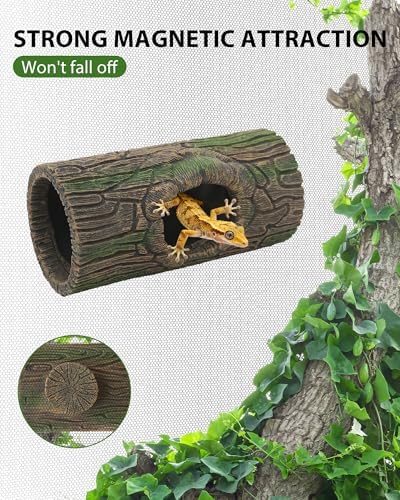REPTITRIP Magnetic Crested Gecko Hideout - Resin Hollow Log Cave, Reptile Hide Cave, Reptile & Amphibian Habitat Hide, Terrariums Decor