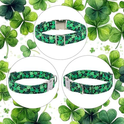 St. Patrick's Day Dog Collar, Lucky Clover Dog Collars, Adjustable Heavy Duty Irish Festive Pet Collar for Small Medium Large Dogs with Metal Buckle M