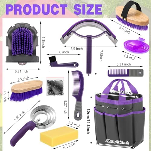 Abbylike 12 Piece Horse Grooming Kit with Organizer Tote Bag Brush Sets for Derby Day Show Horses Professional Tools for Care & Massage(Grey and Purple)