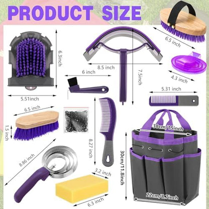 Abbylike 12 Piece Horse Grooming Kit with Organizer Tote Bag Brush Sets for Derby Day Show Horses Professional Tools for Care & Massage(Grey and Purple)