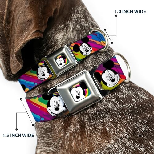 Disney Pet Collar, Dog Collar Metal Seatbelt Buckle, Mickey Mouse Expressions Multi Color White Black, 13 to 17 Inches 1.5 Inch Wide