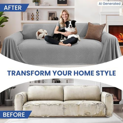 Pet Couch Cover for Dogs, 3 Cushion Sofa Slipcover, Light Grey