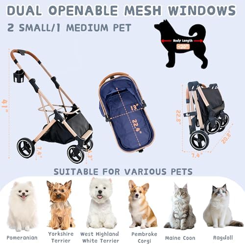 Chihuahua 3-in-1 Foldable Pet Stroller 4-Wheel for Small Dogs,Navy Blue