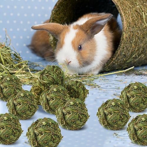 Hamiledyi 12 Pcs Rabbit Chew Ball Timothy Grass Ball Small Animal Activity Play Chew Toys Teeth Grinding for Bunny Rabbits Hamster Guinea Pigs Gerbils Chinchillas