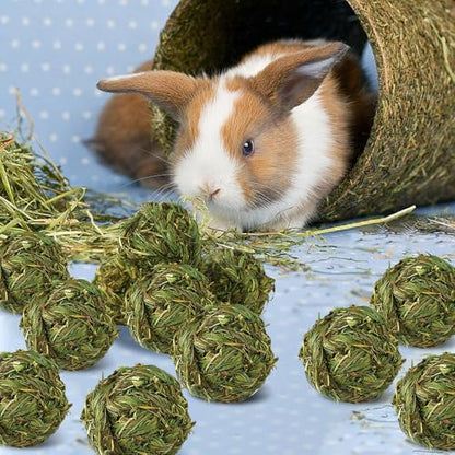 Hamiledyi 12 Pcs Rabbit Chew Ball Timothy Grass Ball Small Animal Activity Play Chew Toys Teeth Grinding for Bunny Rabbits Hamster Guinea Pigs Gerbils Chinchillas
