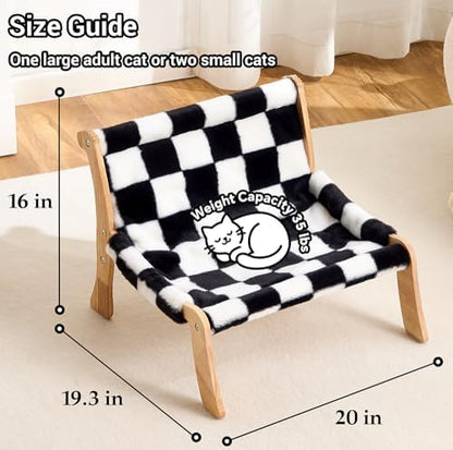 Solid Wood Cat Couch Bed for Indoor Cats, Modern Cat Sofa with Ultra-Soft Plush Surface Washable, Reclined Backrest, Elevated Plush Cat Lounge for Small to Adult Cats, Black & White