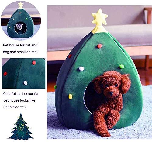Christmas Cat Beds, Christmas Tree Cat Beds House, Portable Indoor Cat Igloo Xmas Bed Cave for Small Dogs and Small Animals, Green
