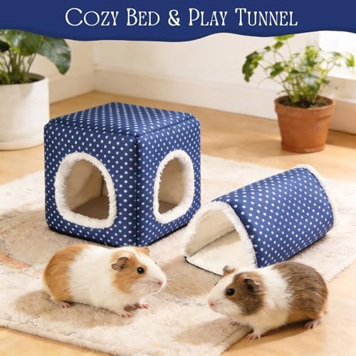 Guinea Pig Hideout, Dwarf Rabbit Bed with Play Tunnel, Washable Fleece House for Dwarf Bunnies, Chinchillas, Hedgehogs, Small Animal Cage Accessories Blue Dot