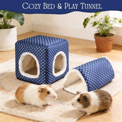 Guinea Pig Hideout, Dwarf Rabbit Bed with Play Tunnel, Washable Fleece House for Dwarf Bunnies, Chinchillas, Hedgehogs, Small Animal Cage Accessories Blue Dot