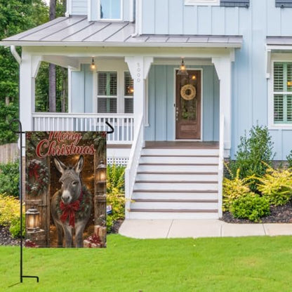 Christmas Donkey House Flag 28x40 Inch Merry Holiday Wreath Bow Lantern Gifts Snowy Barn Rustic Farmhouse Outdoor Yard Lawn Porch Double Sided Banner Winter Welcome Decor