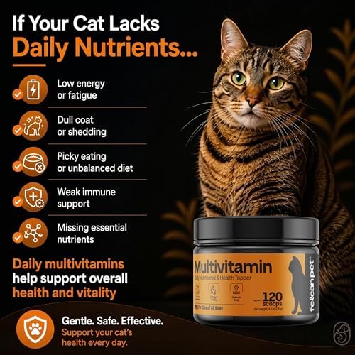 Daily Cat Food Topper – Cat Multivitamin Powder with 17 Active Nutrients, Taurine, Omega 3 & Glucosamine – Mixes Easily into Wet or Dry Food – Supports Energy & Vitality – 120 Scoops