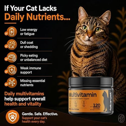 Daily Cat Food Topper – Cat Multivitamin Powder with 17 Active Nutrients, Taurine, Omega 3 & Glucosamine – Mixes Easily into Wet or Dry Food – Supports Energy & Vitality – 120 Scoops