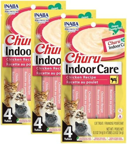 INABA Churu for Cats, Functional, Creamy Lickable Purée Cat Treat for Indoor Care and Hairball Control with Taurine & Vitamin E, 0.5 Ounces Each, 12 Tubes (4 per Pack), Chicken Recipe
