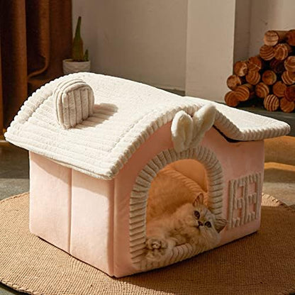 Jiupety Rabbit Cat House for Indoor Cats, Cute Covered Cat Bed with Spacious Interior, Pet Cave Bed Up to 3-15 Lbs Kitten, Pink