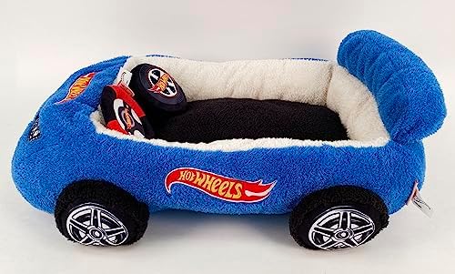 Megatoys Hot Wheels Plush Car Pet Bed – Themed Blue Car Design for Dogs and Cats with Toy Steering Wheel and Tire