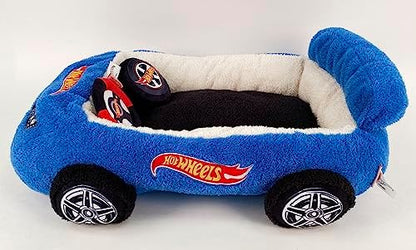 Megatoys Hot Wheels Plush Car Pet Bed – Themed Blue Car Design for Dogs and Cats with Toy Steering Wheel and Tire