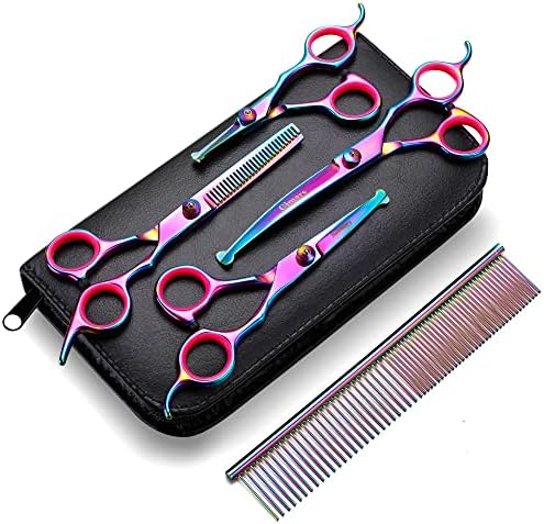 Gimars Professional 4CR Stainless Steel 6 in 1 Grooming Scissors for Dogs with Safety Round Tip, Heavy Duty Titanium Coated Pet Grooming Scissor for Dogs, Cats and Other Animals