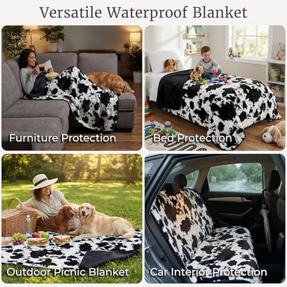 Lavish Home Waterproof Blanket for Bed, Couch, or Car, Cow Print, 60”x80”