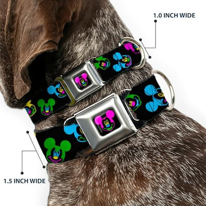 Buckle-Down Seatbelt Buckle Dog Collar - Mickey Mouse Expressions Scattered Black/Multi Neon - 1" Wide - Fits 11-17" Neck - Medium