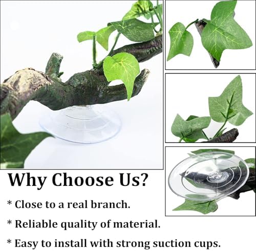 PINVNBY Reptile Corner Branch Resin Climb Tree Branch Decor with Leaves Terrarium Plant Decoration with Suction Cup Gecko Plant Ornament for Amphibian Lizard Snake Climbing (1 Pcs)