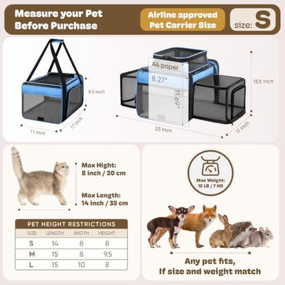 Top and 2 Sides Expandable Pet Carrier 17x11x9.5 TSA Airline Approved