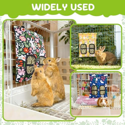 3 Pcs Rabbit Hay Feeder, 2-Hole Hanging Guinea Pig Hay Bags Washable Bunny Hay Bag for Rabbits, Chinchillas, Hamsters, Small Pets and Animals (11.8"×8.7")