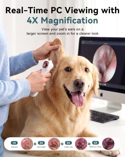 Pet Ear Camera Cleaning Kit with Screen, Dog & Cat Ear Cleaner with 50 Finger Wipes, Gentle Soft Otic Ear Cleaning Pads, Helps Clean Dirt, Wax & Odor-Causing Buildup, Non-Irritating, White