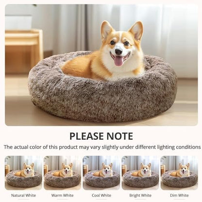 JOLLYVOGUE Calming Small Dog & Cat Bed for Indoor Cats - 20 inches Washable Donut Bed for Kittens & Puppies, Anti-Anxiety Round Fluffy Plush Pet Beds (Fits up to 15 lbs, Smoke Brown)