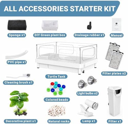 GOZILLA Small Turtle Tank Kit(Tank+Lamp+Filter), Acrylic Aquarium Turtle Starter Kit Habitat with Multi-Functional Areas for Small Reptiles. (White Kit)