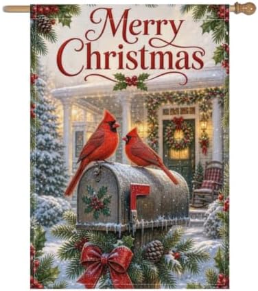Merry Christmas House Flag 28x40 Inch Cardinal Pair Snowy Mailbox Holly Berry Pinecone Wreath Classic Winter Outdoor Yard Lawn Front Porch Welcome Double Sided Banner Decor