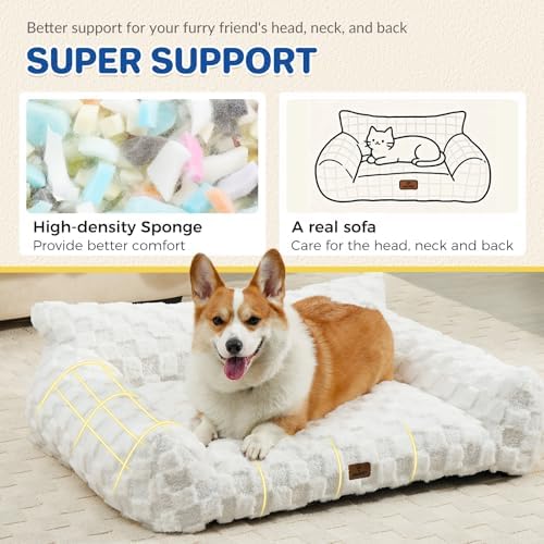 ABCPET Large Dog Bed Sofa, Fluffy Pet Bed for Medium and Large Dogs, Supportive Dog Couch Sofa for Dogs, Pet Sofas with Washable Cover & Non-Slip, 38 inch, White