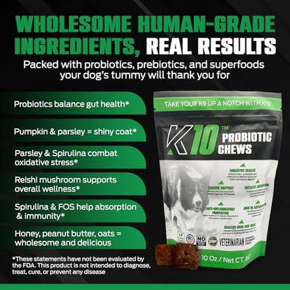 K10 Probiotic Chews for Dogs, Probiotic & Prebiotic Formula, 60 Count