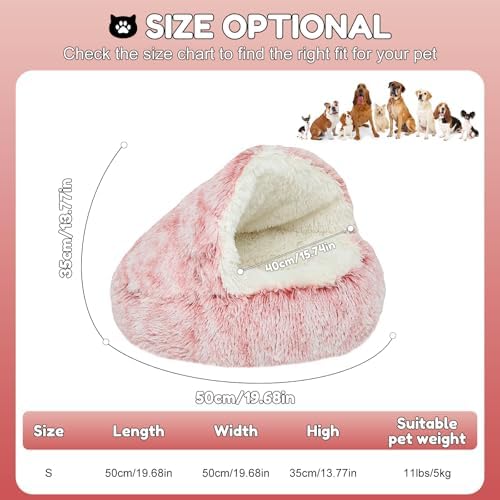 YUDANSI Cat Bed Hooded for Indoor Cats, Dog Bed with Large Covered Hood for Small Dogs Cats Puppy Kitty, Anti Anxiety Donut Cuddler, Anti Slip Plush Faux Fur Enclosed Pet Nest (Washable)(Pink-20inch)