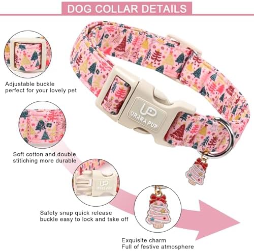Christmas Dog Collar, Pink Christmas Tree for Dogs, Adjustable Pet Collar with Cute Xmas Tree Pendant, Festive Winter Dog Accessories for Small Medium Large Dogs S