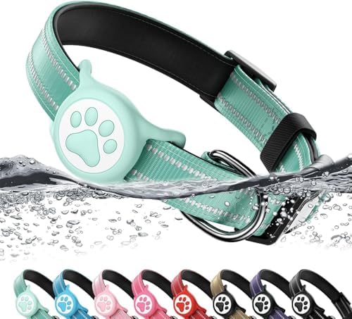 Premium Airtag Dog Collar，with IP68 Waterproof AirTag Holder,Green,XL