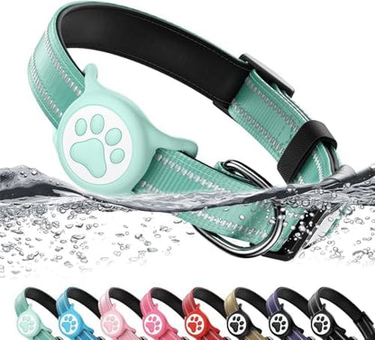 Premium Airtag Dog Collar，with IP68 Waterproof AirTag Holder,Green,XL