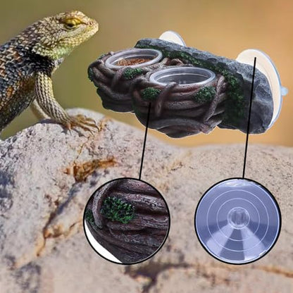 AIICIOO Crested Gecko Feeding Ledge Double Bowl Reptile Vine Food Ledge with 4 PCS Cup Corner Water Bowl for Lizard Snake Bearded Dragon Frog Turtle Terrarium Tank Decor
