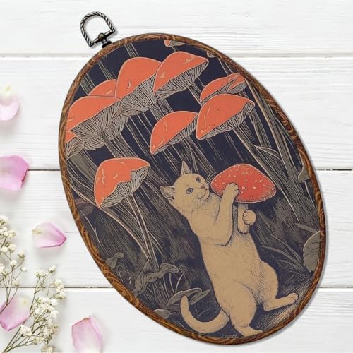 Vintage Cat Mushroom Oval Framed Wall Art, Whimsical Cat Canvas Art Wall Decor，Fantasy Forest Hanging Decor Painting Artwork for Home Office Bathroom Living Room Bedroom Decoration 8.3x12inch
