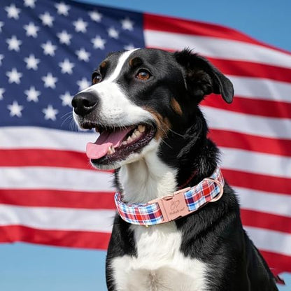 Adjustable Plaid Boy Dog Collar - Classic Boy Dog Plaid Collars for Large Dogs, Durable Red White Blue Heavy Duty Metal Buckle Pet Collar L
