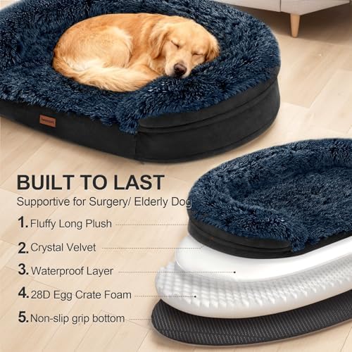 iweepet Fluffy Orthopedic Dog Beds for Large & Extra Large Dogs, 44" Calming Dog Sofa Bed with28D Egg-Crate Foam, Removable Washable Cover, Waterproof Lining, for Large,Senior,Sick